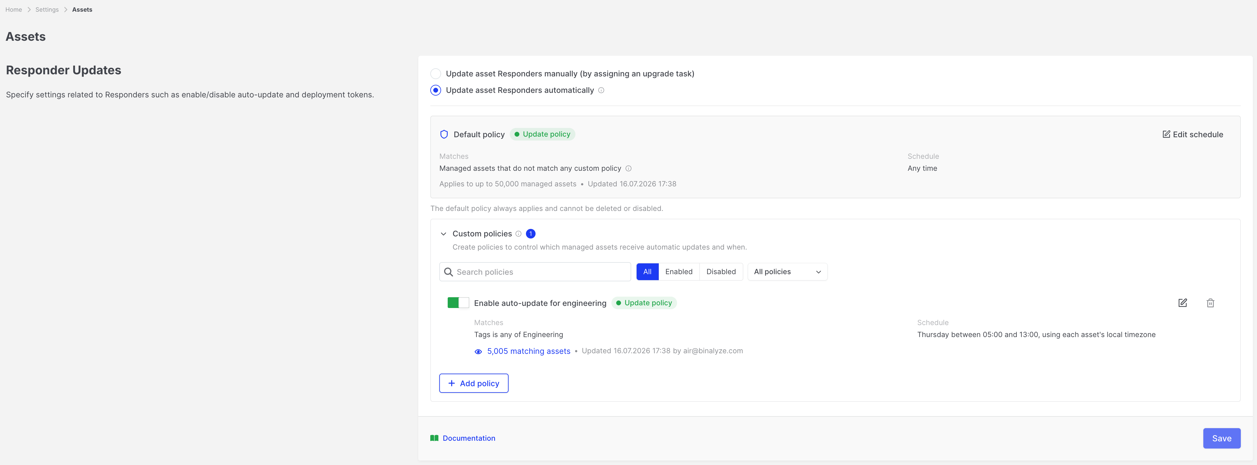 How do I update Responders on assets: Responder Updates automatic settings